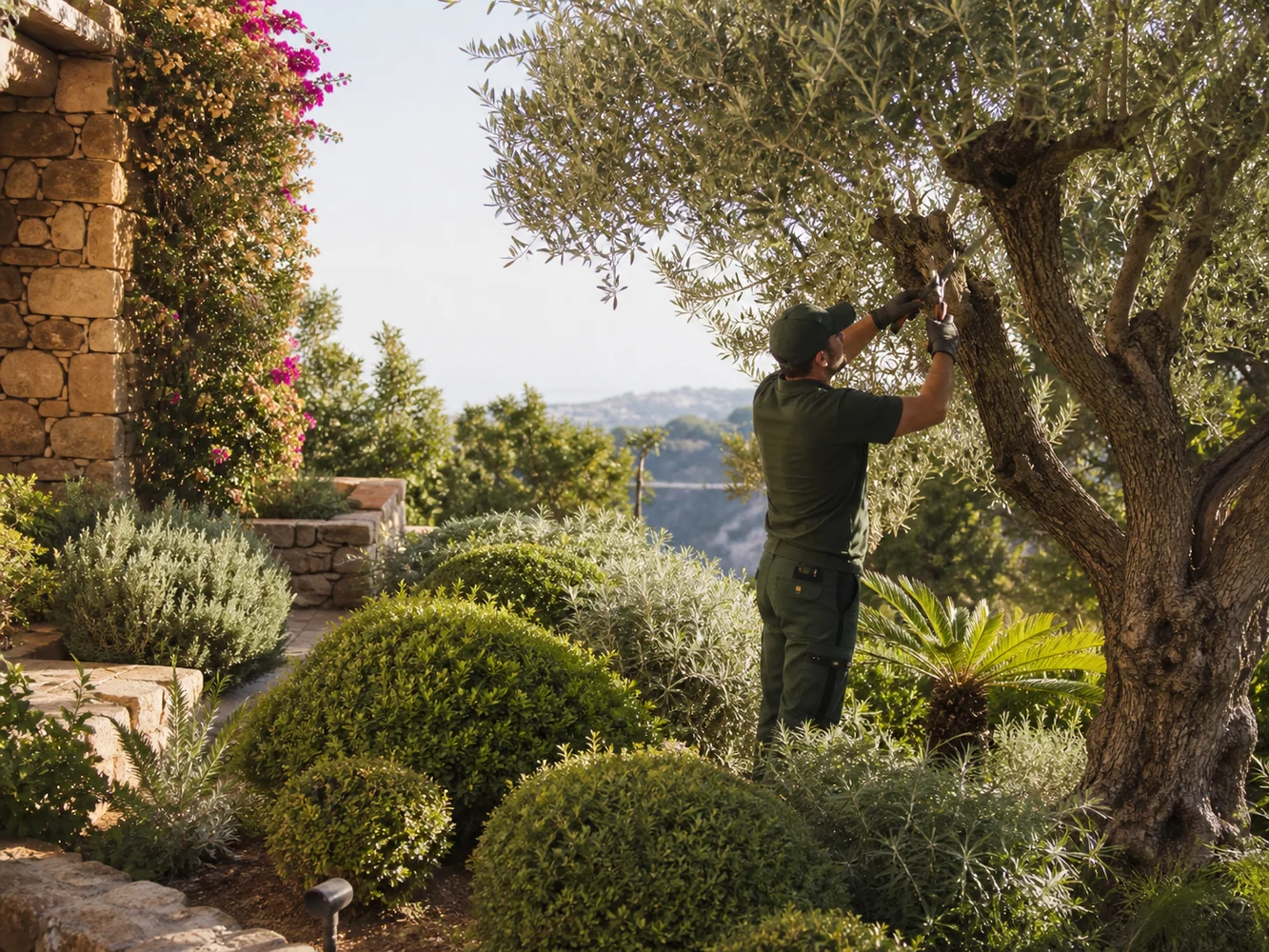 Profesional podando un olivo en un jardín mediterráneo